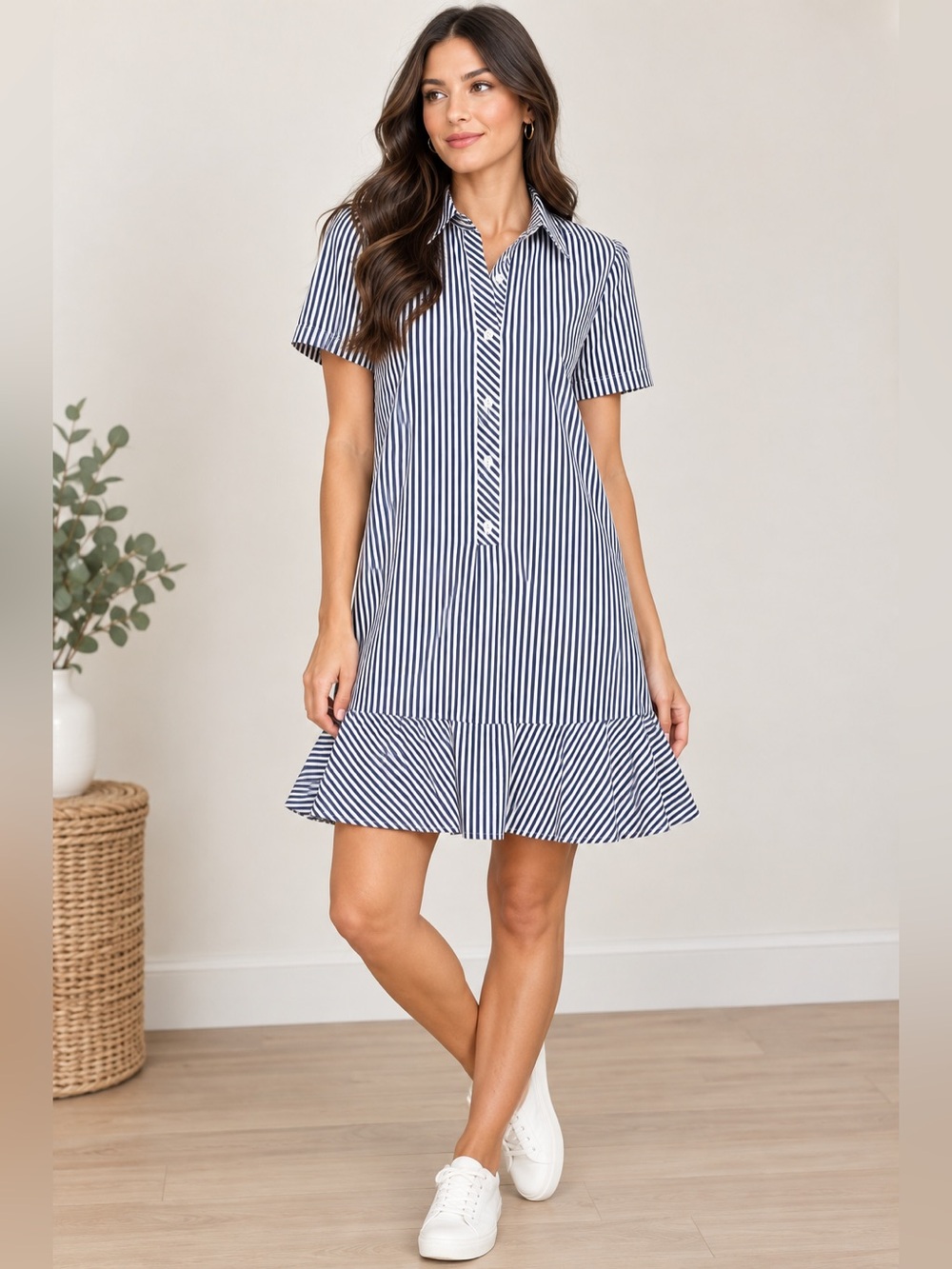 ✨ Tommy Hilfiger Striped Cotton Shirt Dress Ruffle Hem Navy White Size 2